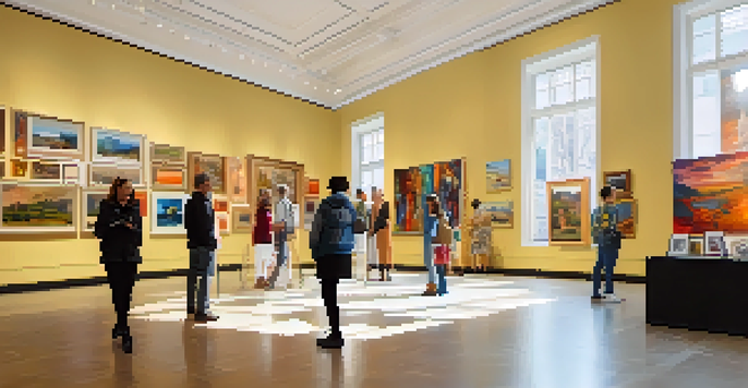 A vibrant art gallery filled with diverse artworks and visitors admiring the pieces under natural light.