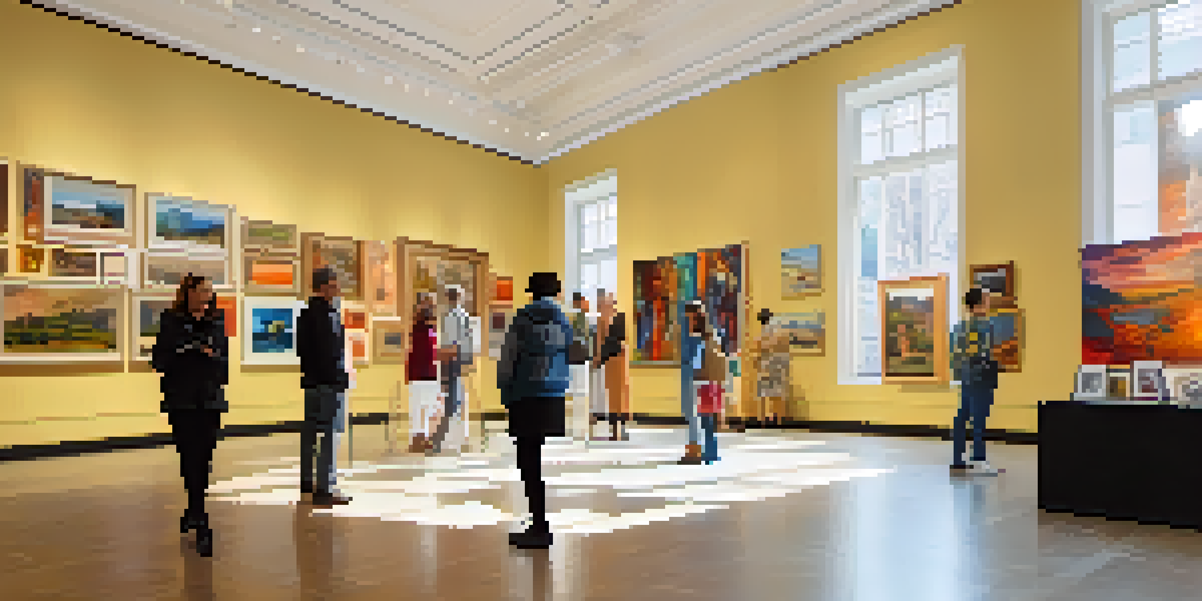A vibrant art gallery filled with diverse artworks and visitors admiring the pieces under natural light.