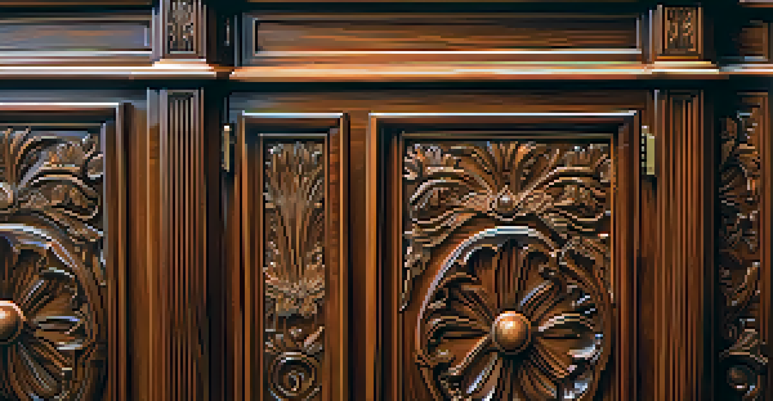 A close-up view of a glossy, intricately carved wooden cabinet against a softly lit background.
