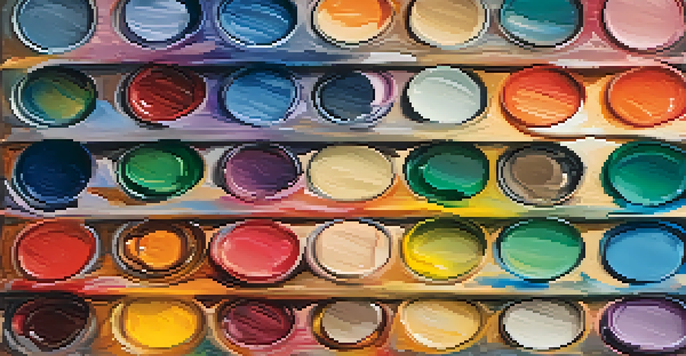 A detailed view of an artist's palette filled with colorful pigments, with a blurred canvas in the background.