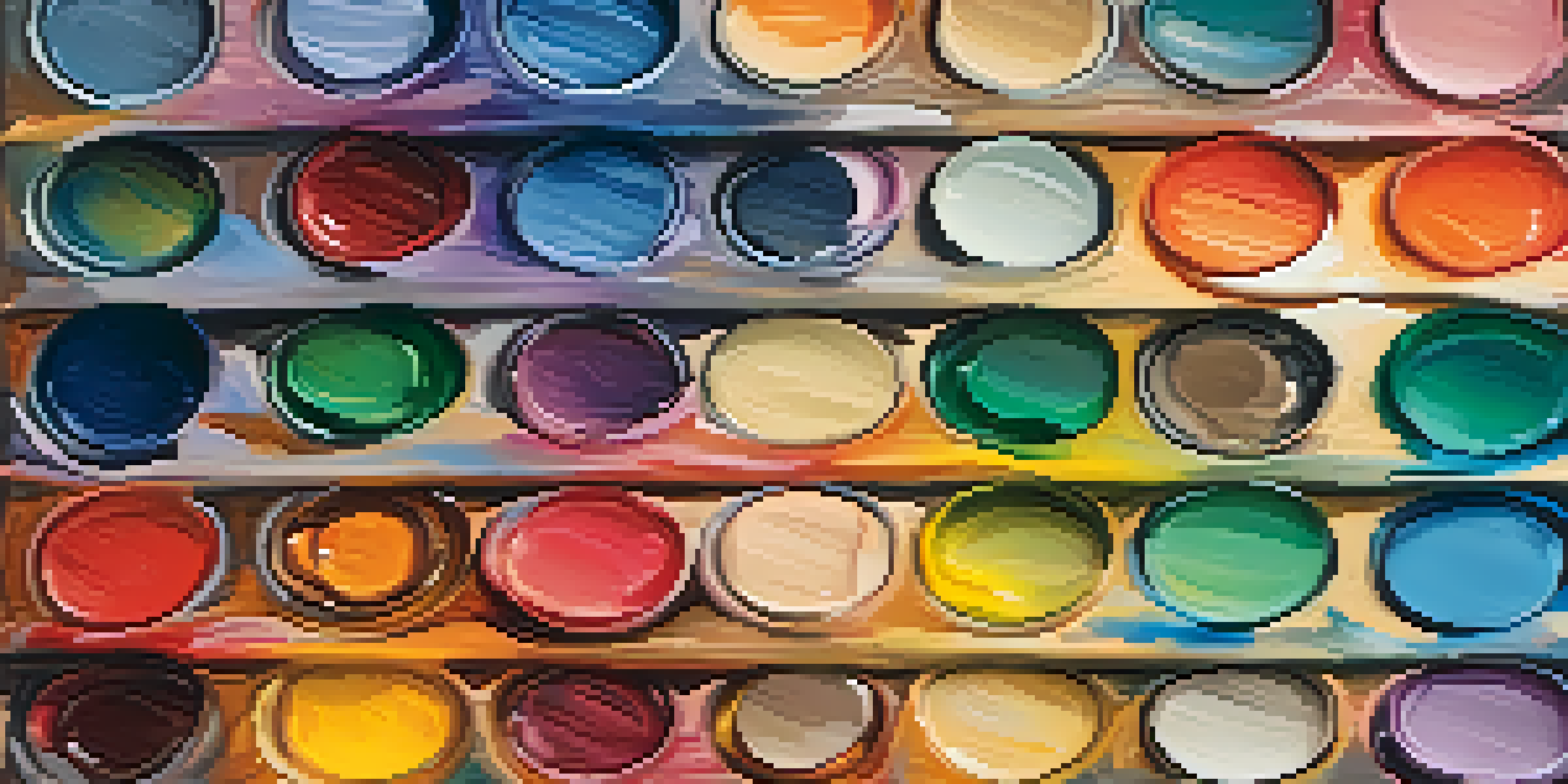 A detailed view of an artist's palette filled with colorful pigments, with a blurred canvas in the background.