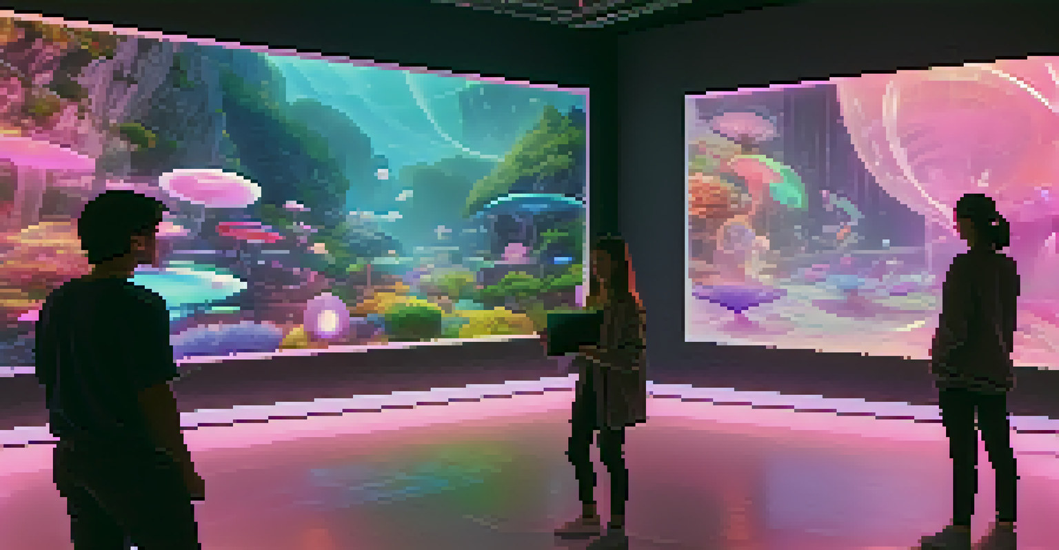A surreal digital landscape of a virtual art exhibition with floating artworks, light effects, and avatars discussing art.