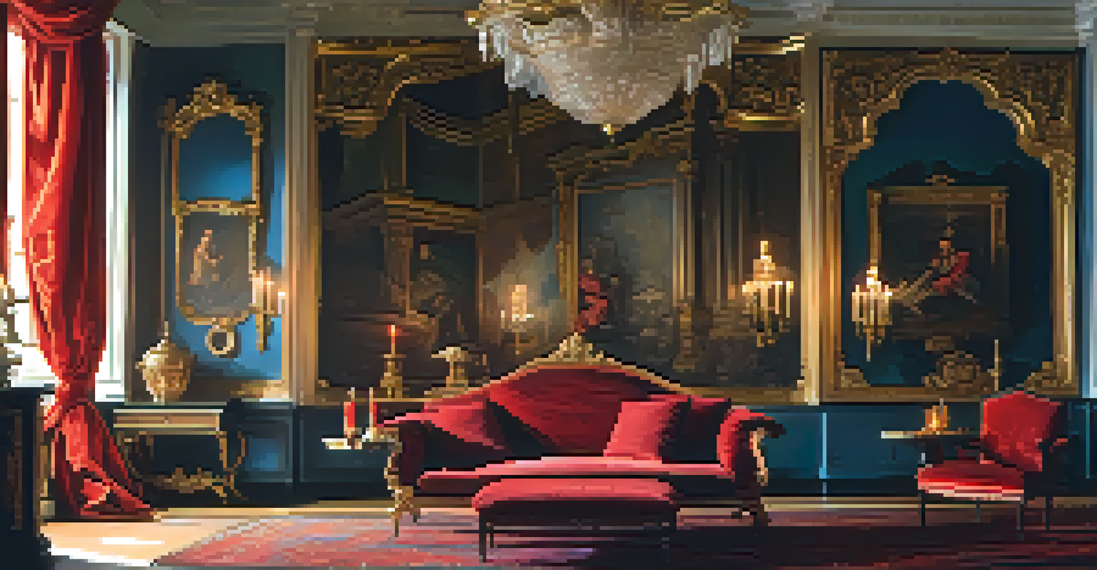 A candlelit Baroque room filled with dramatic shadows and opulent colors, featuring a central figure in luxurious attire.
