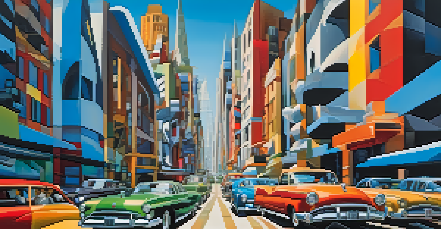 A colorful painting depicting a bustling cityscape with movement, combining Futurist and Cubist styles.