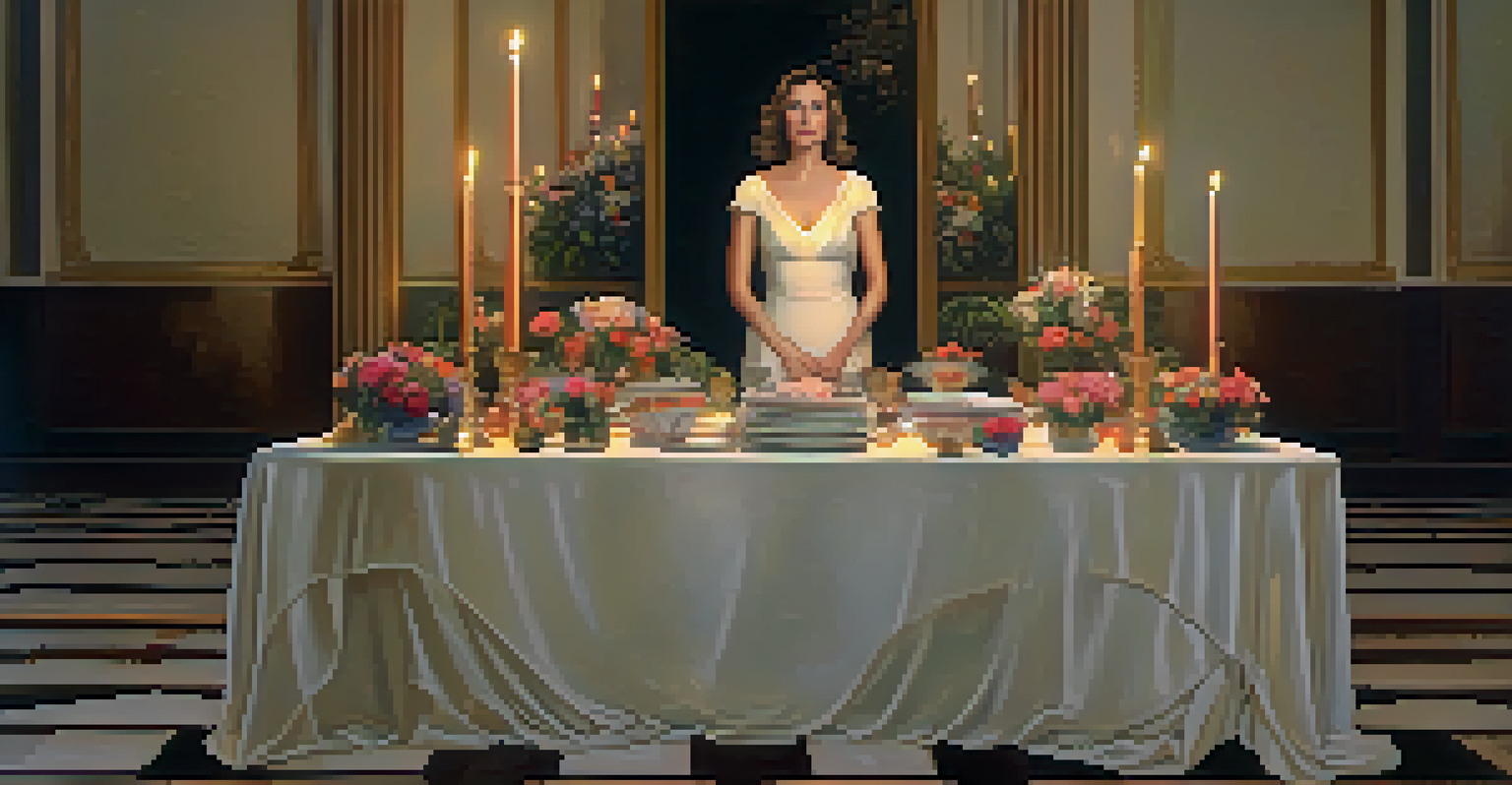 A woman standing before a triangular table set with plates for influential women, creating a celebratory atmosphere.