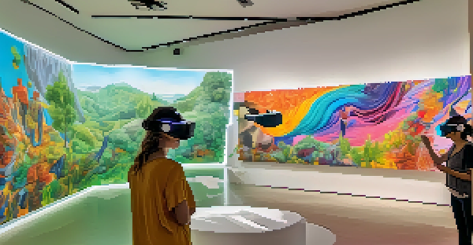 A colorful virtual reality art gallery with abstract sculptures and visitors wearing VR headsets.