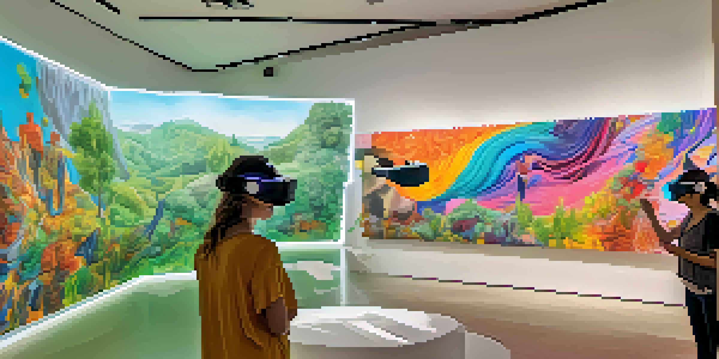A colorful virtual reality art gallery with abstract sculptures and visitors wearing VR headsets.