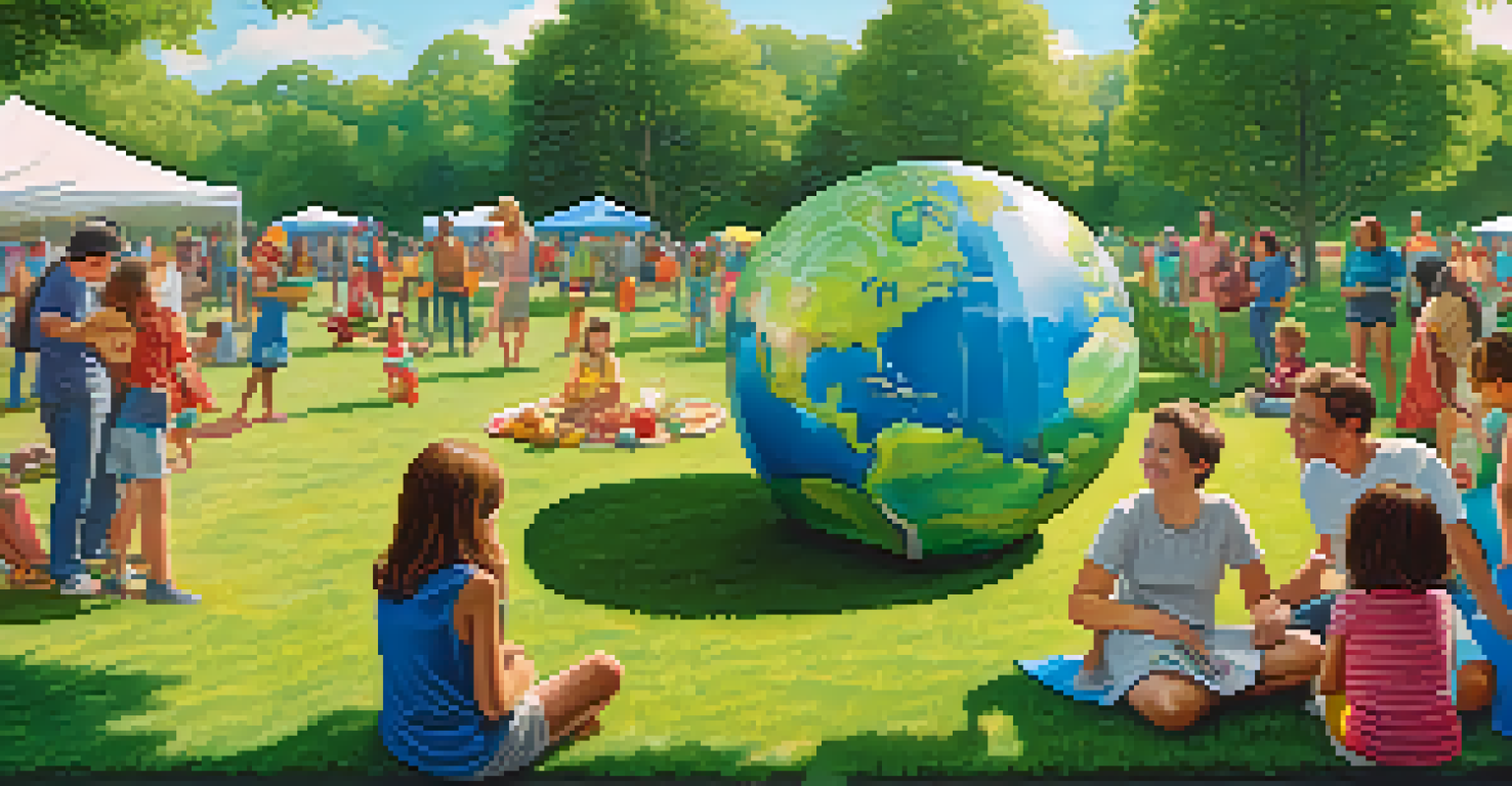 A sunny park with inflatable sculptures of earth and nature, surrounded by people enjoying the art and the outdoors.