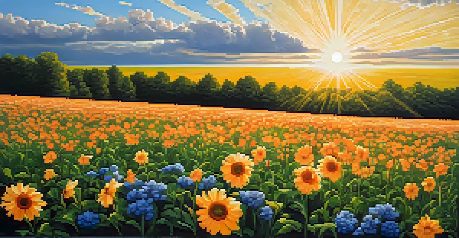 A bright yellow sun shining in a deep blue sky, with orange flowers and green grass creating a vibrant contrast.