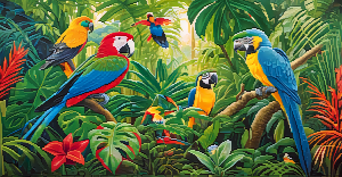 A large mural showing a colorful tropical rainforest with exotic plants and birds under soft sunlight.
