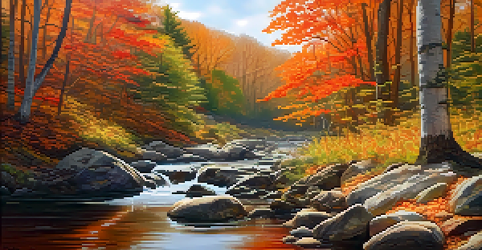 A peaceful autumn forest with colorful leaves, a flowing stream, and a sunlit path.