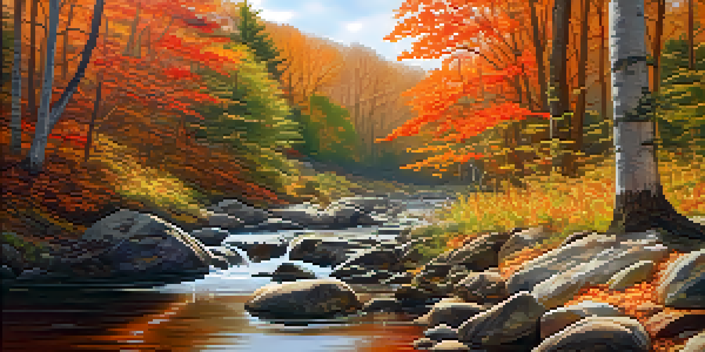 A peaceful autumn forest with colorful leaves, a flowing stream, and a sunlit path.