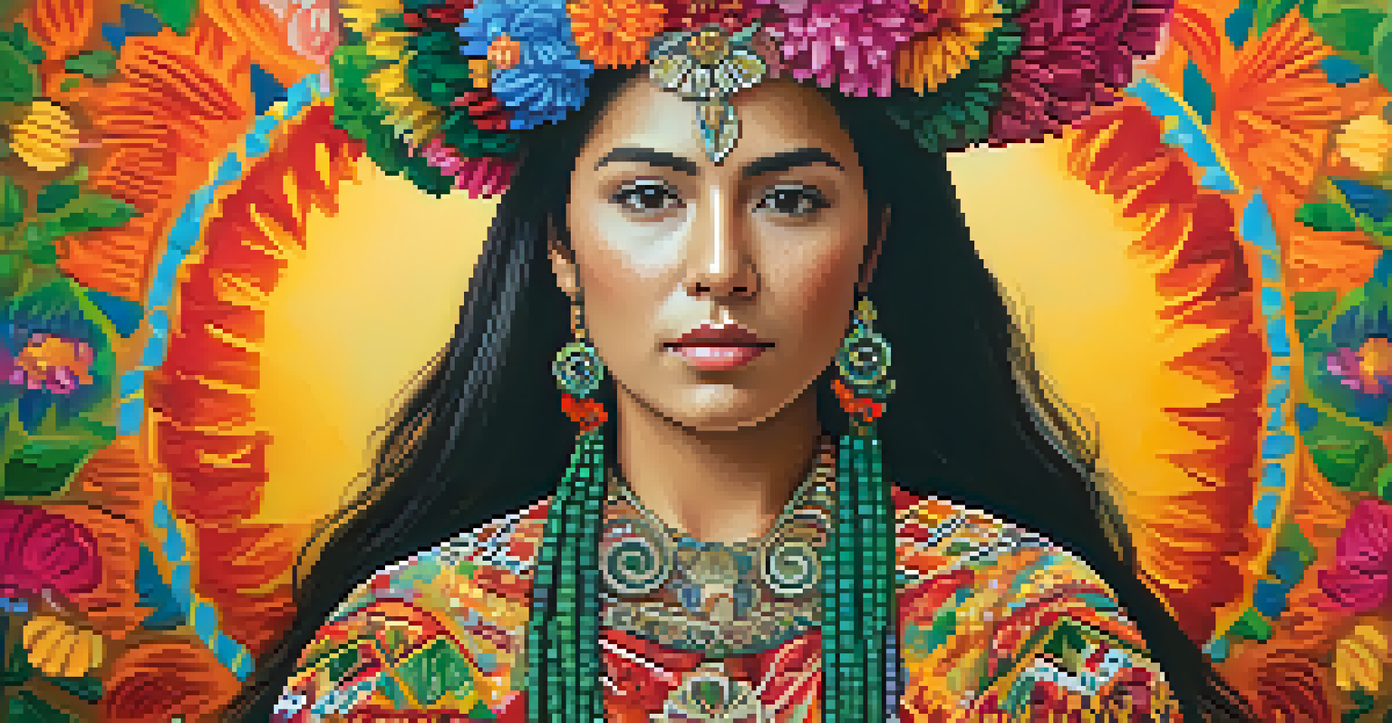 A portrait of a woman in traditional Mexican clothing with flowers in her hair, set against a blurred background of a cultural festival.