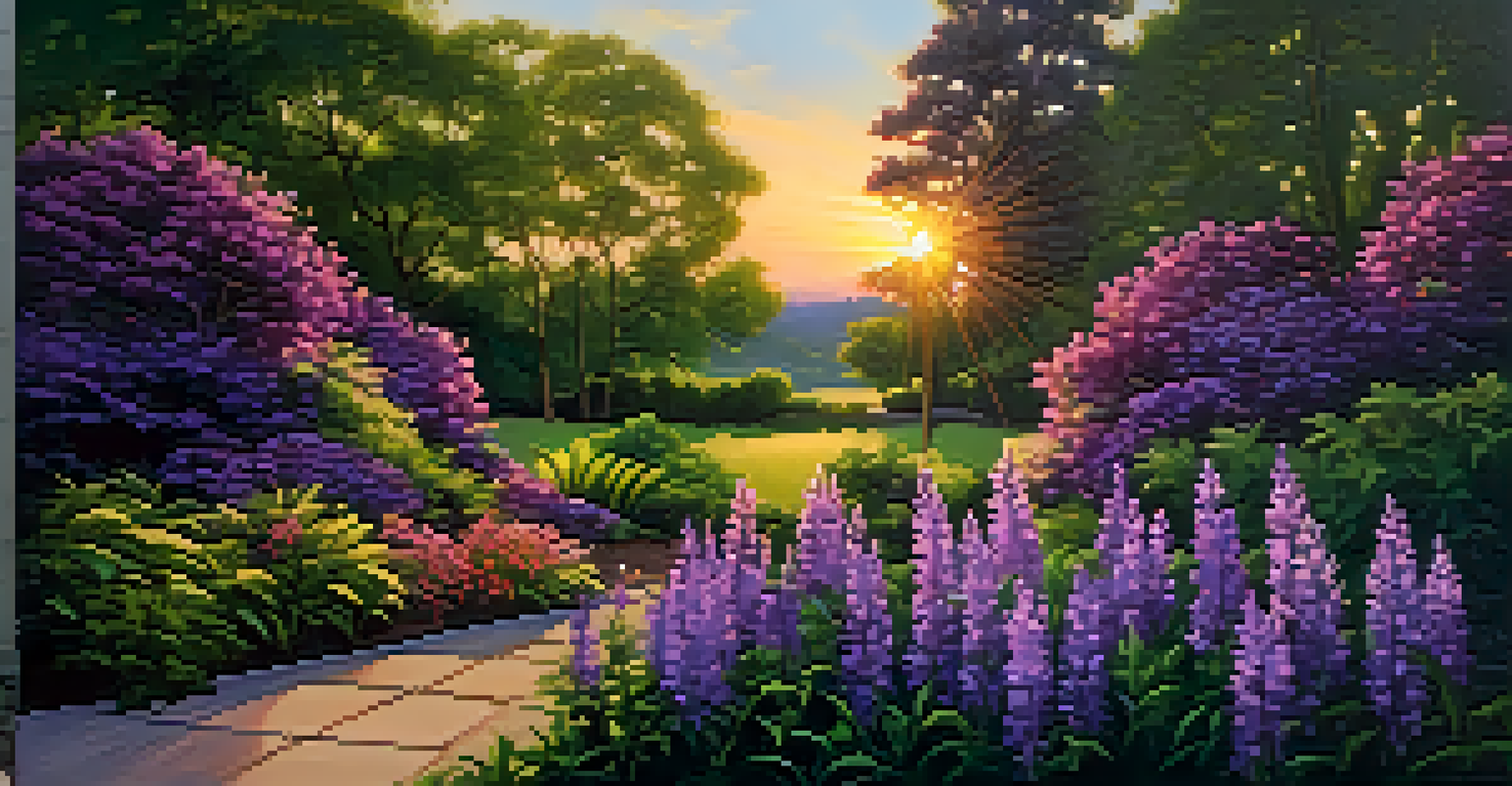 A picturesque garden at sunset, filled with blooming purple flowers illuminated by golden sunlight, surrounded by lush green foliage.