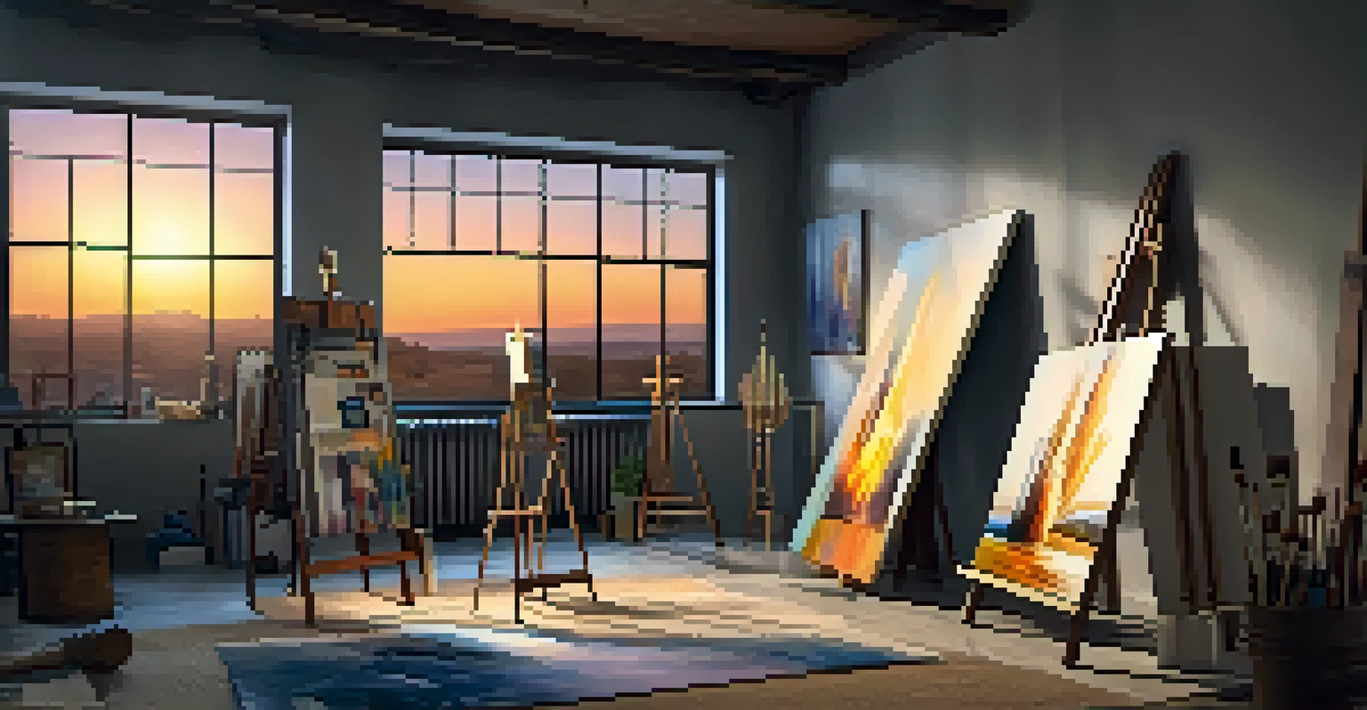 An artist's studio with a canvas of a sunset, paint tubes, brushes, and framed artworks, illuminated by natural light.
