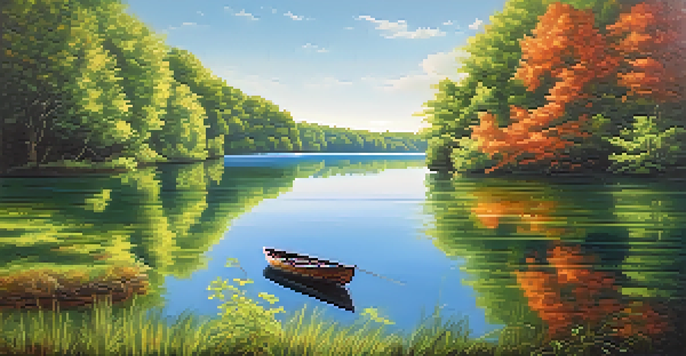 A peaceful lake scene with green trees and a blue sky, featuring a small wooden boat on the water.