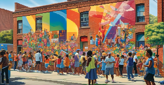 A colorful mural on a brick wall showcasing a community celebration with diverse people admiring it.