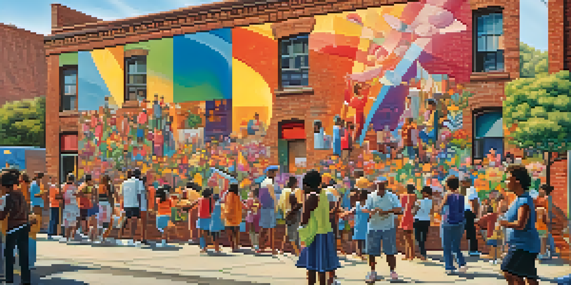 A colorful mural on a brick wall showcasing a community celebration with diverse people admiring it.