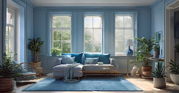 A calming blue room with plush cushions, a light rug, and sunlight streaming through a window, decorated with minimalistic furniture and plants.