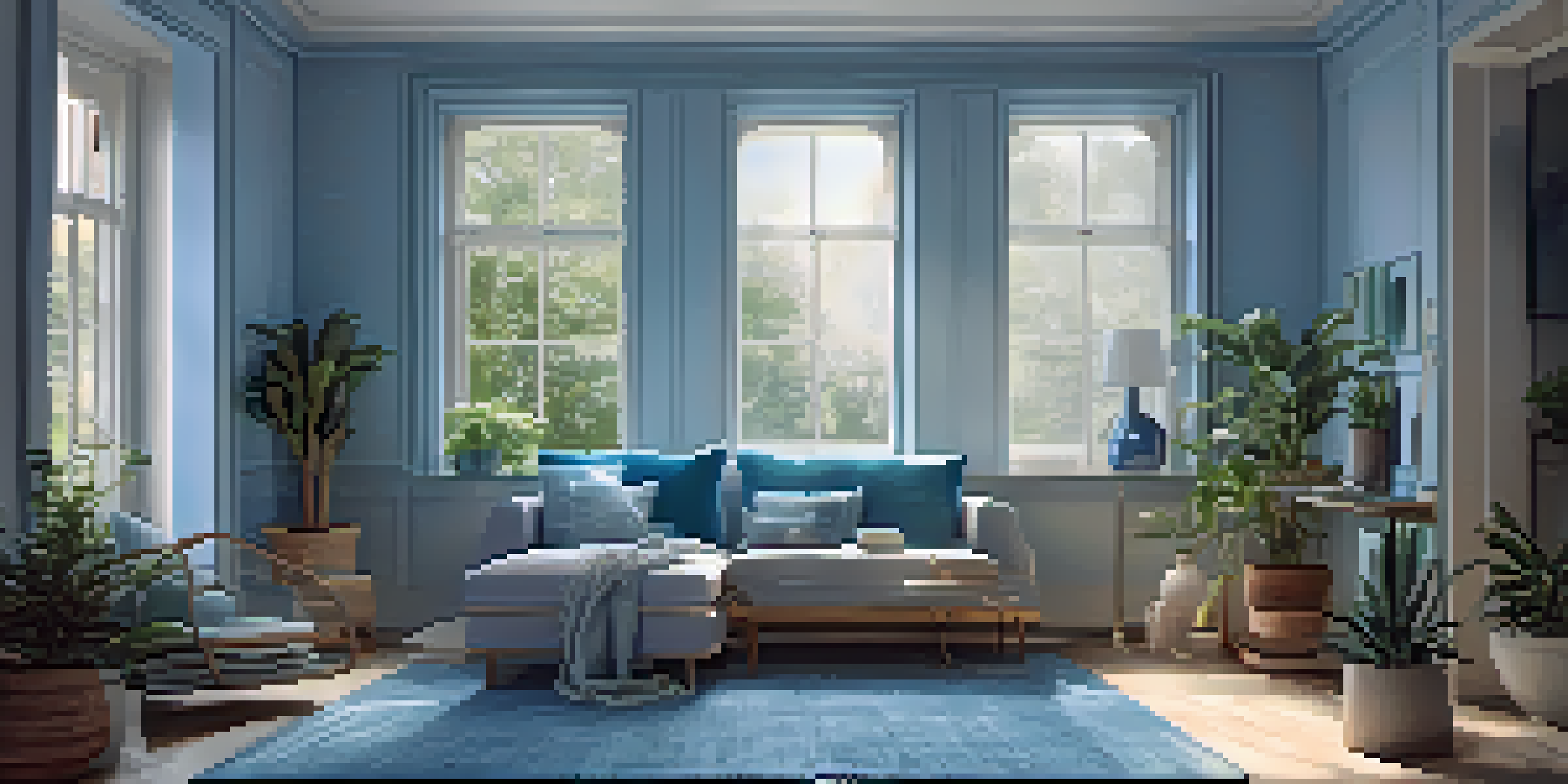 A calming blue room with plush cushions, a light rug, and sunlight streaming through a window, decorated with minimalistic furniture and plants.