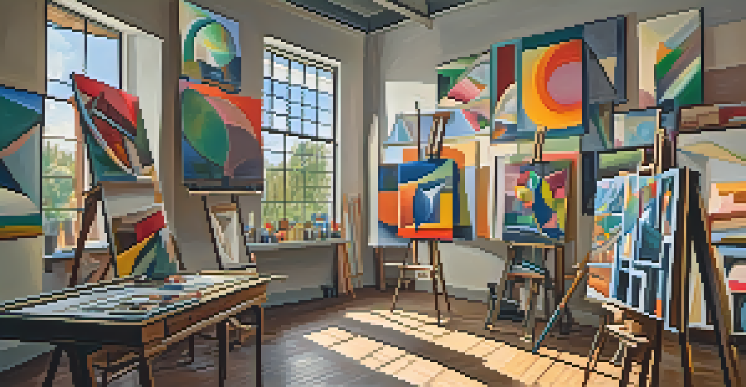 An artist's studio with Cubist-inspired artworks and a large easel in natural light, highlighting the textures and colors.