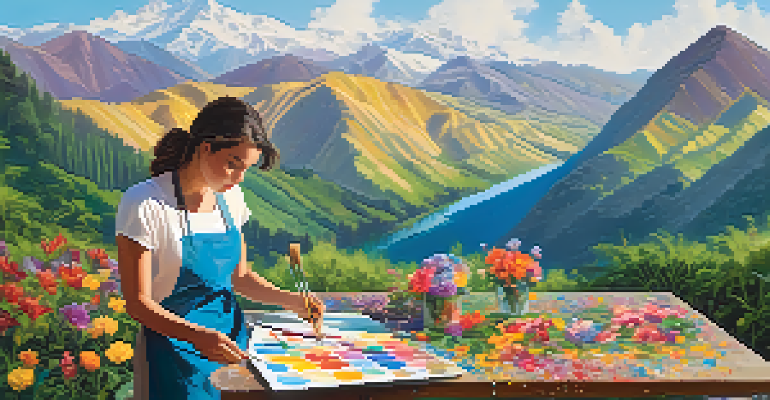 An artist painting outdoors surrounded by nature, with a vibrant canvas and colorful palette, under a clear blue sky.