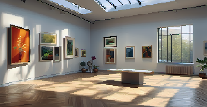 A serene interior of an art gallery showcasing contemporary art with natural light and visitors admiring the pieces.