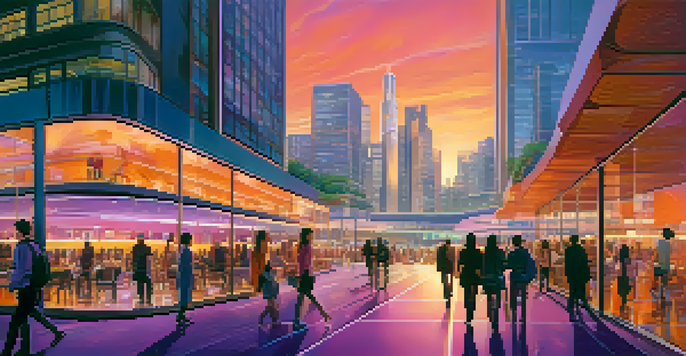 A colorful sunset cityscape featuring futuristic architecture and lively urban activity.