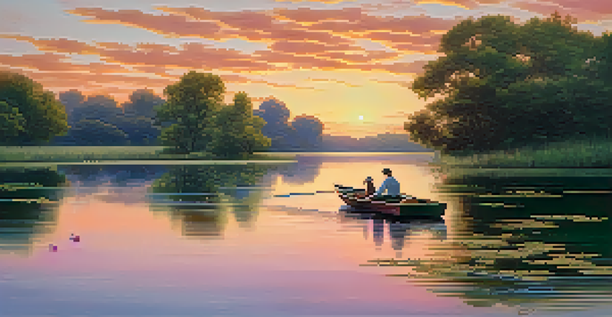 A peaceful Impressionist landscape with a sunset over a lake, a small rowboat, and ducks swimming.