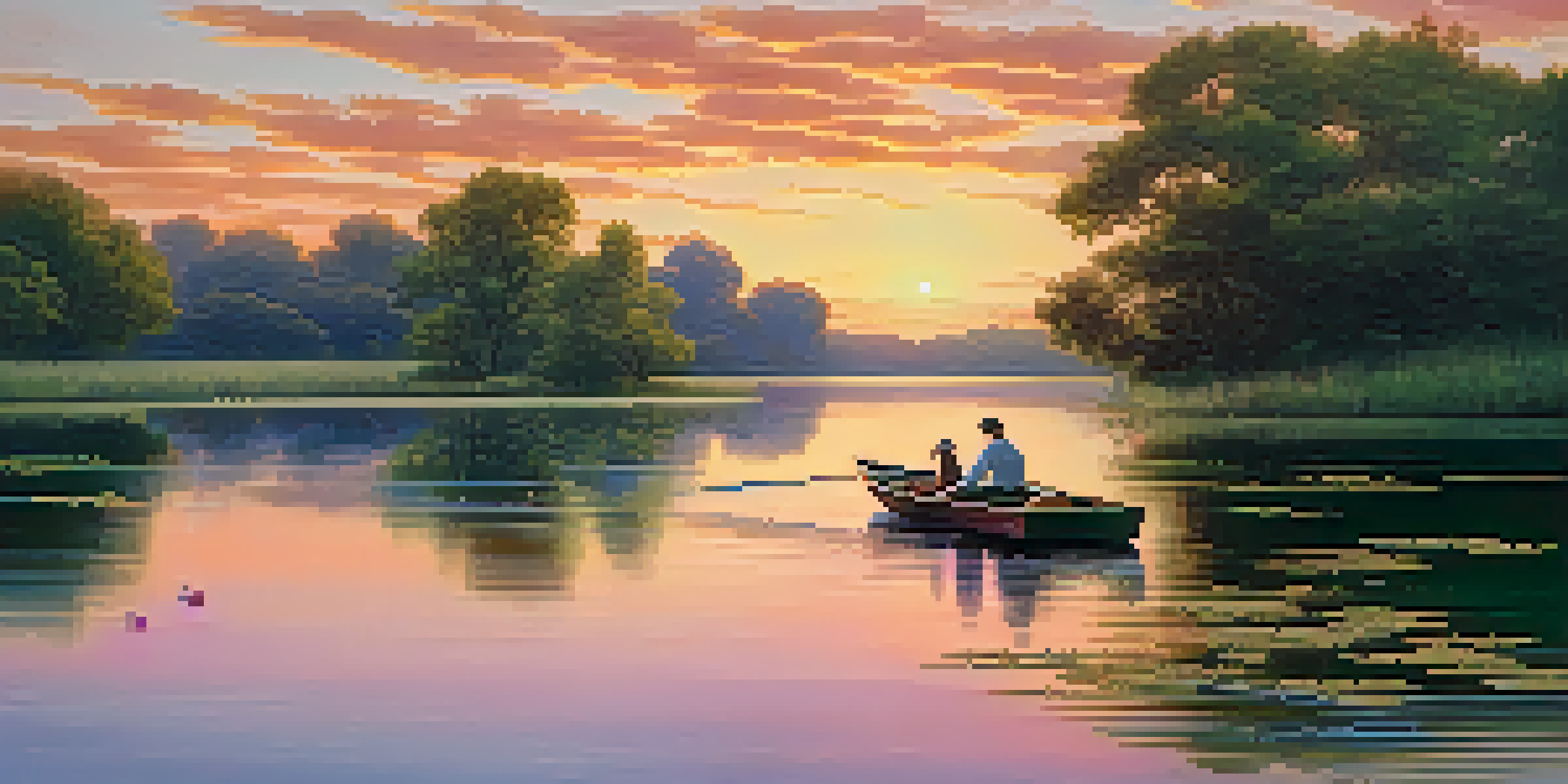 A peaceful Impressionist landscape with a sunset over a lake, a small rowboat, and ducks swimming.
