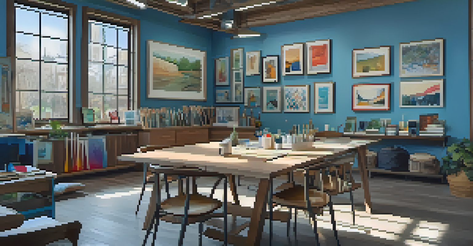 A communal workspace with a long table for artists, colorful decor on the walls, and a cozy corner for discussions, filled with natural light.