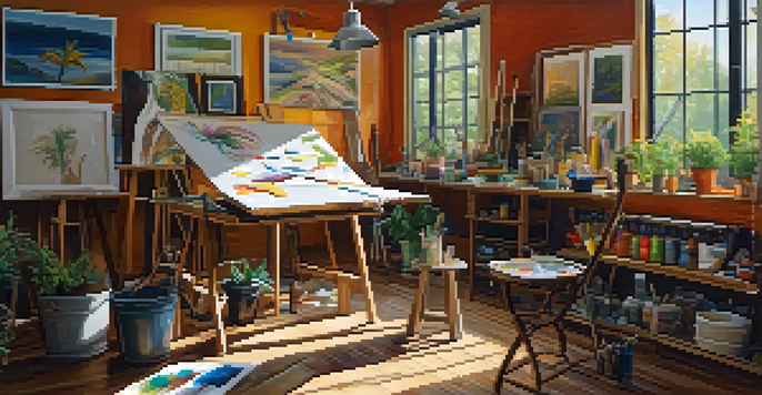 An artist with a disability painting in a bright art studio, surrounded by art supplies and greenery.