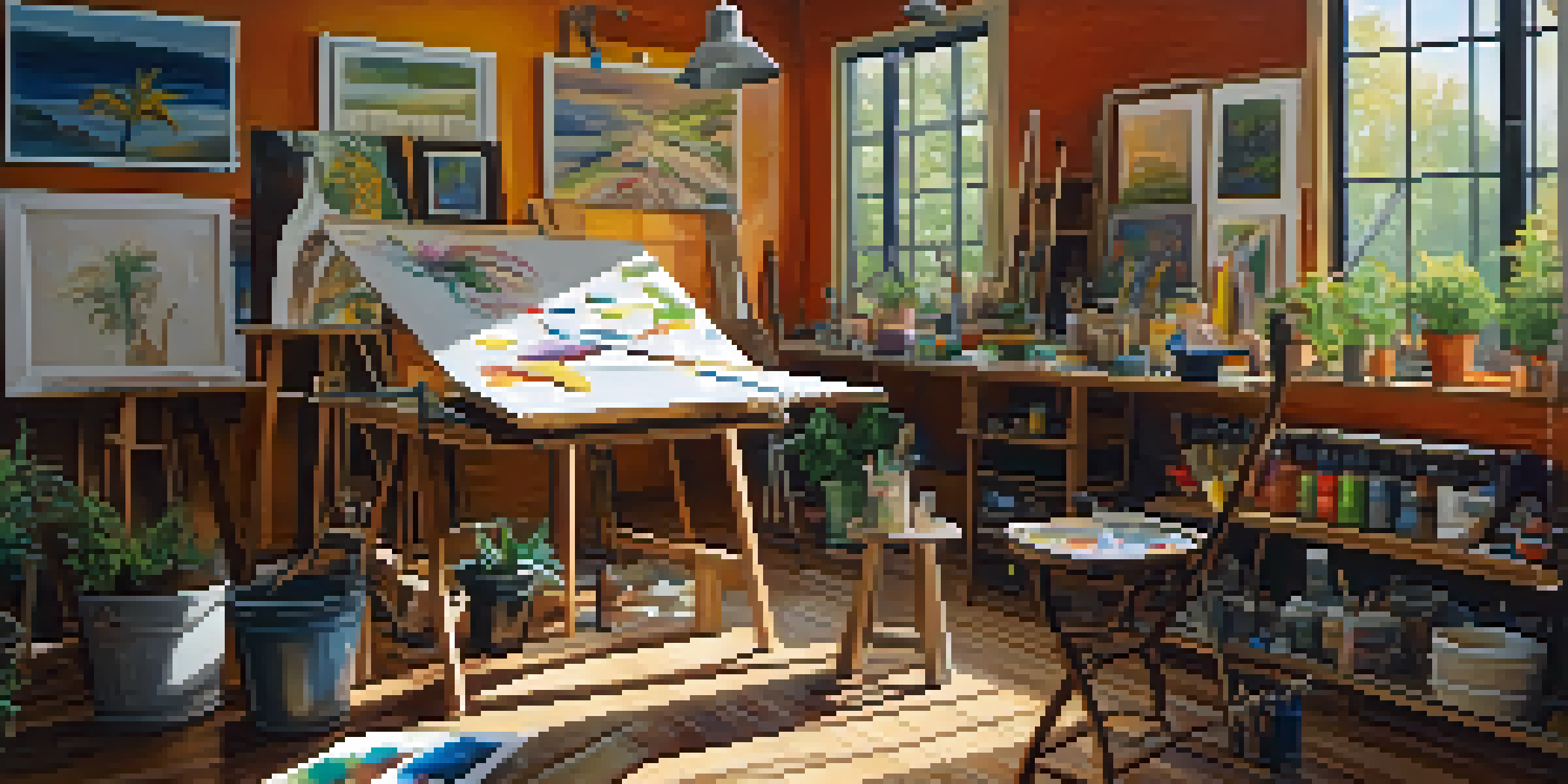 An artist with a disability painting in a bright art studio, surrounded by art supplies and greenery.