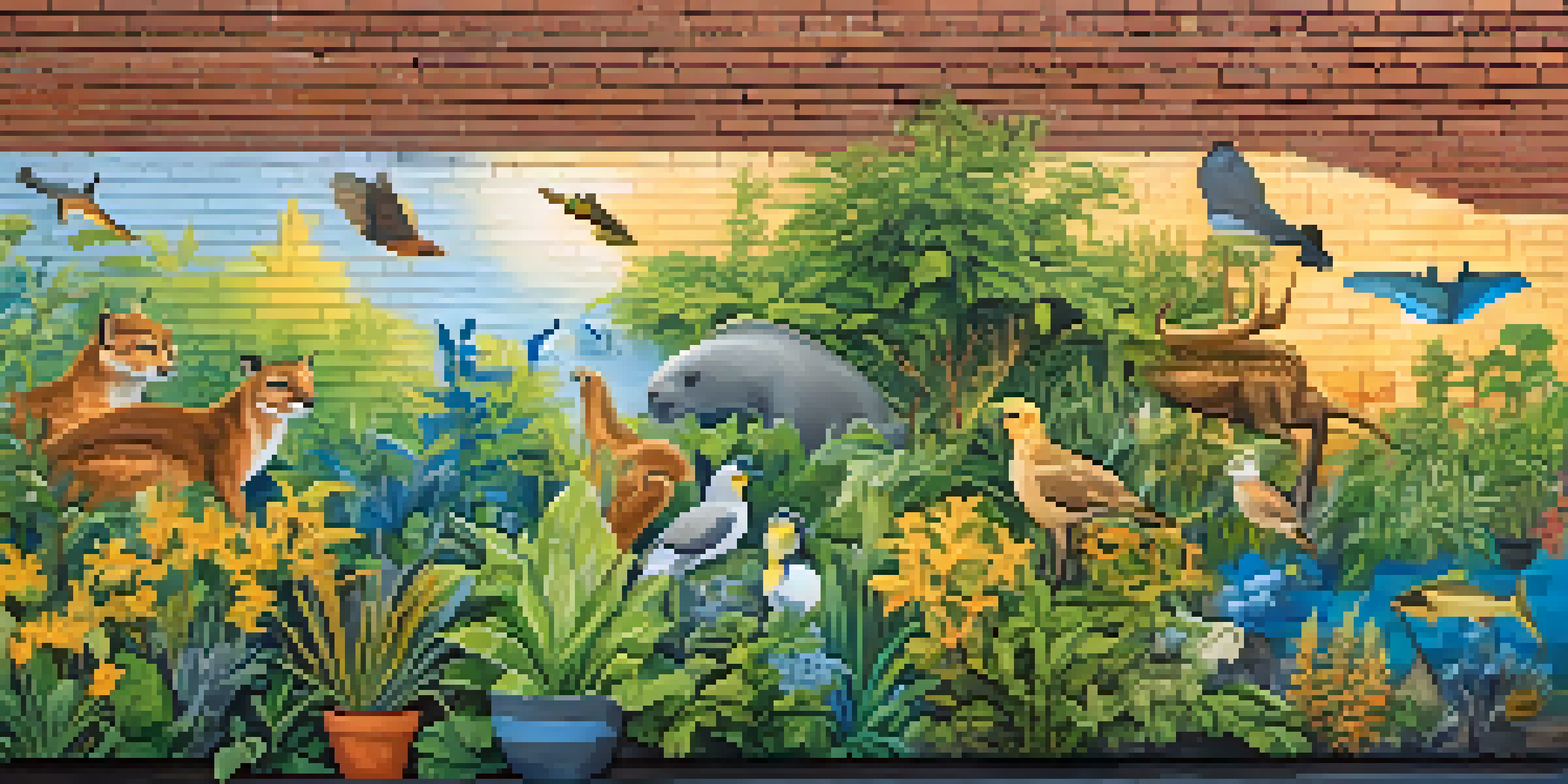 A colorful mural of plants and animals painted on a brick wall, bathed in warm sunlight.