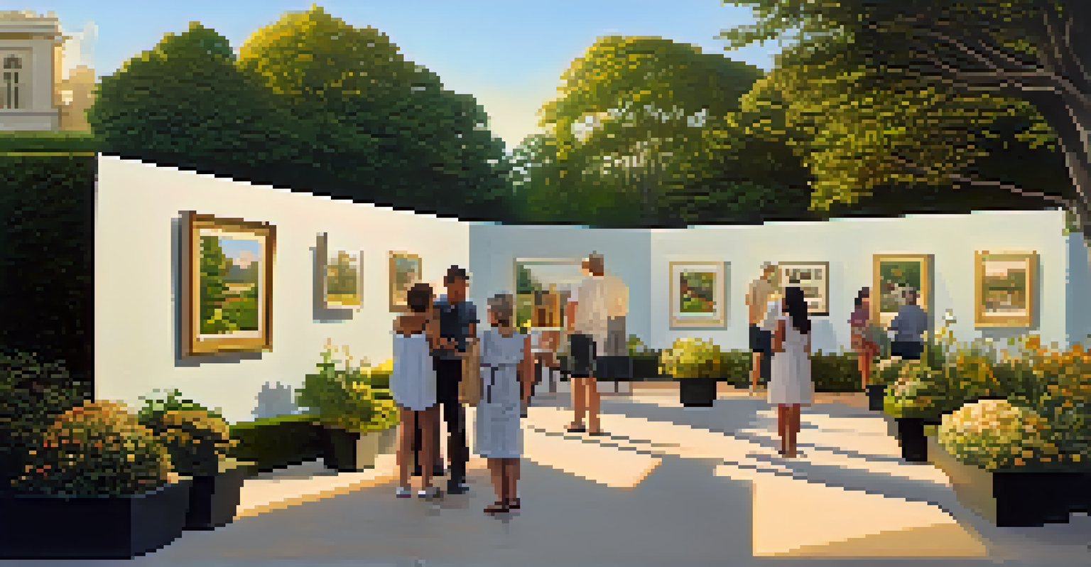 An outdoor art exhibition in a garden, showcasing contemporary artworks with visitors engaging, illuminated by the warm light of the setting sun.