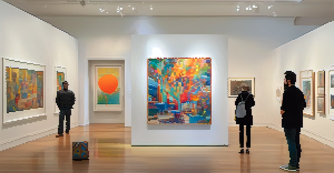 An art gallery with diverse contemporary artworks, filled with collectors admiring the pieces.