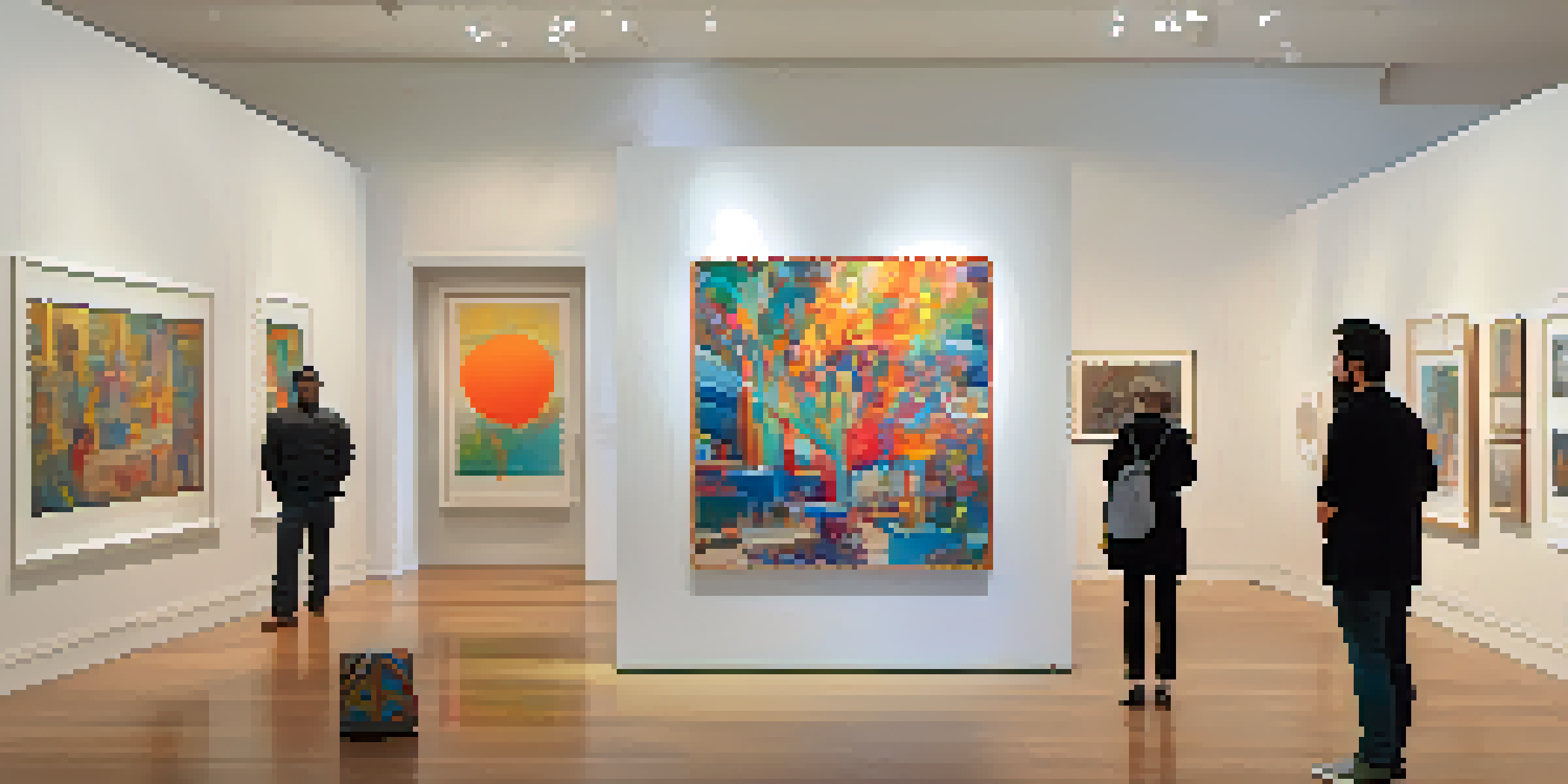 An art gallery with diverse contemporary artworks, filled with collectors admiring the pieces.