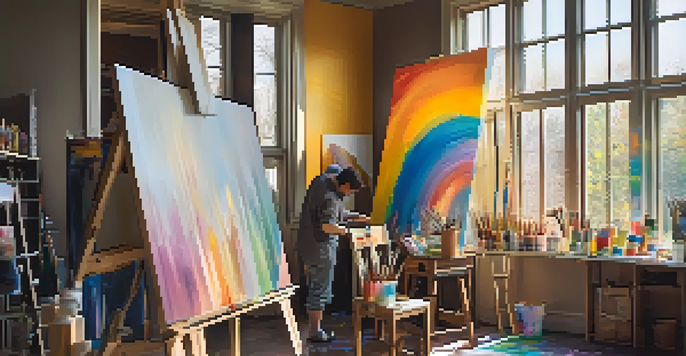 An artist working in a colorful studio filled with canvases and paintbrushes, illuminated by natural light.
