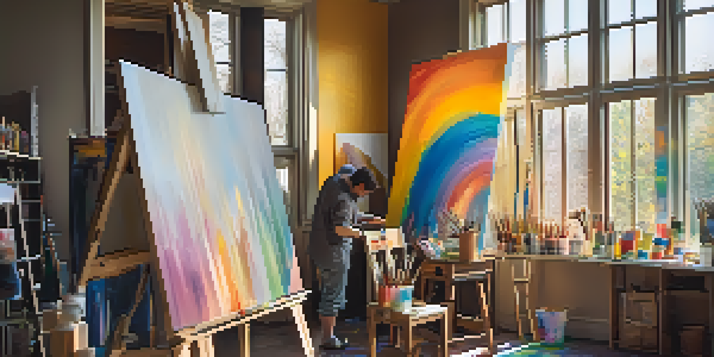 An artist working in a colorful studio filled with canvases and paintbrushes, illuminated by natural light.
