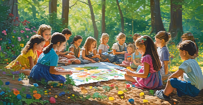 Children painting outdoors with leaves and flowers, surrounded by nature and art supplies.