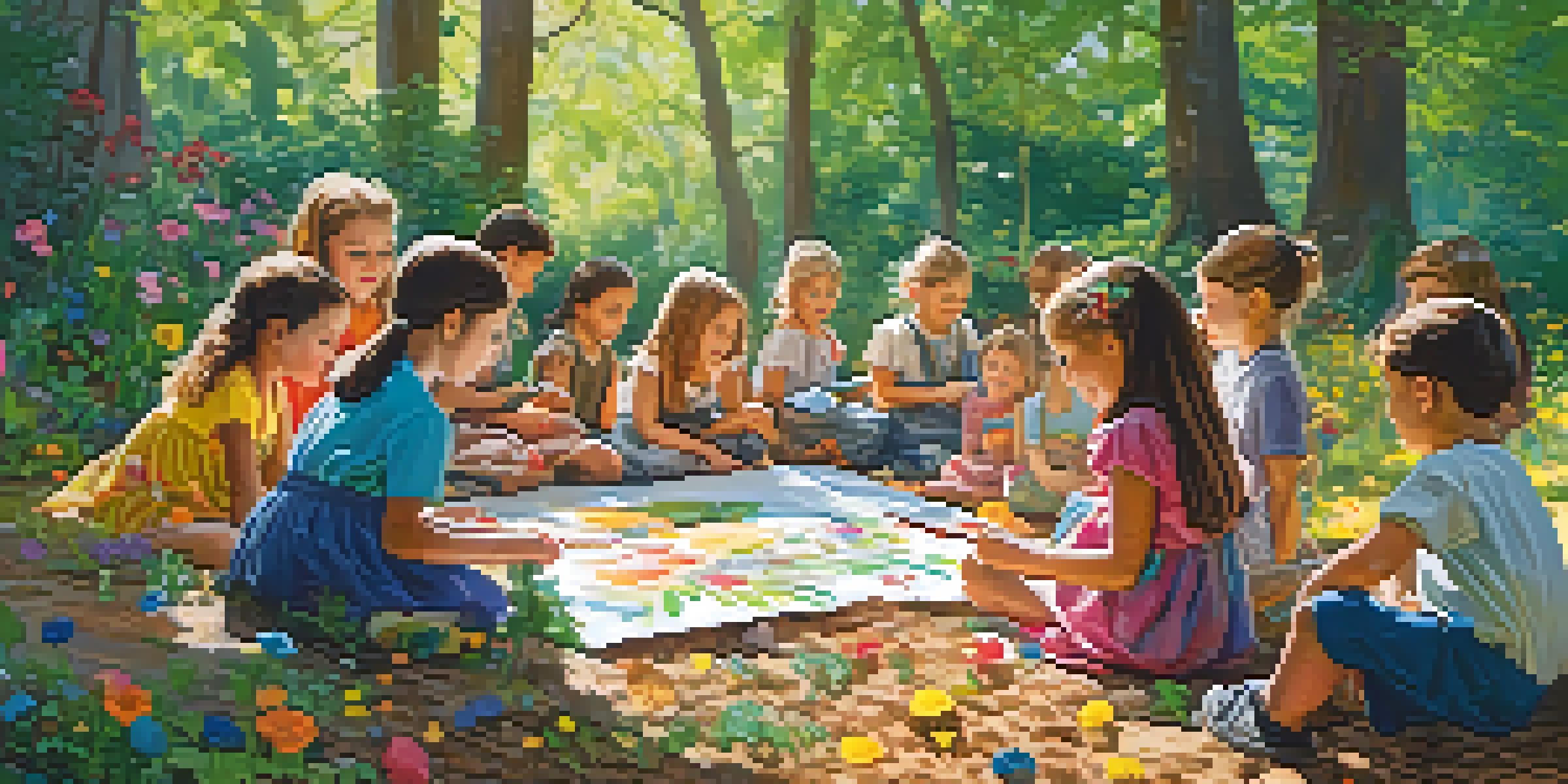 Children painting outdoors with leaves and flowers, surrounded by nature and art supplies.