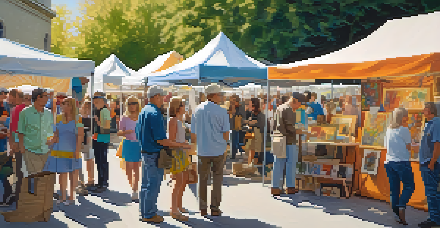 A lively outdoor art fair with artists' booths and visitors enjoying the artworks under colorful canopies.