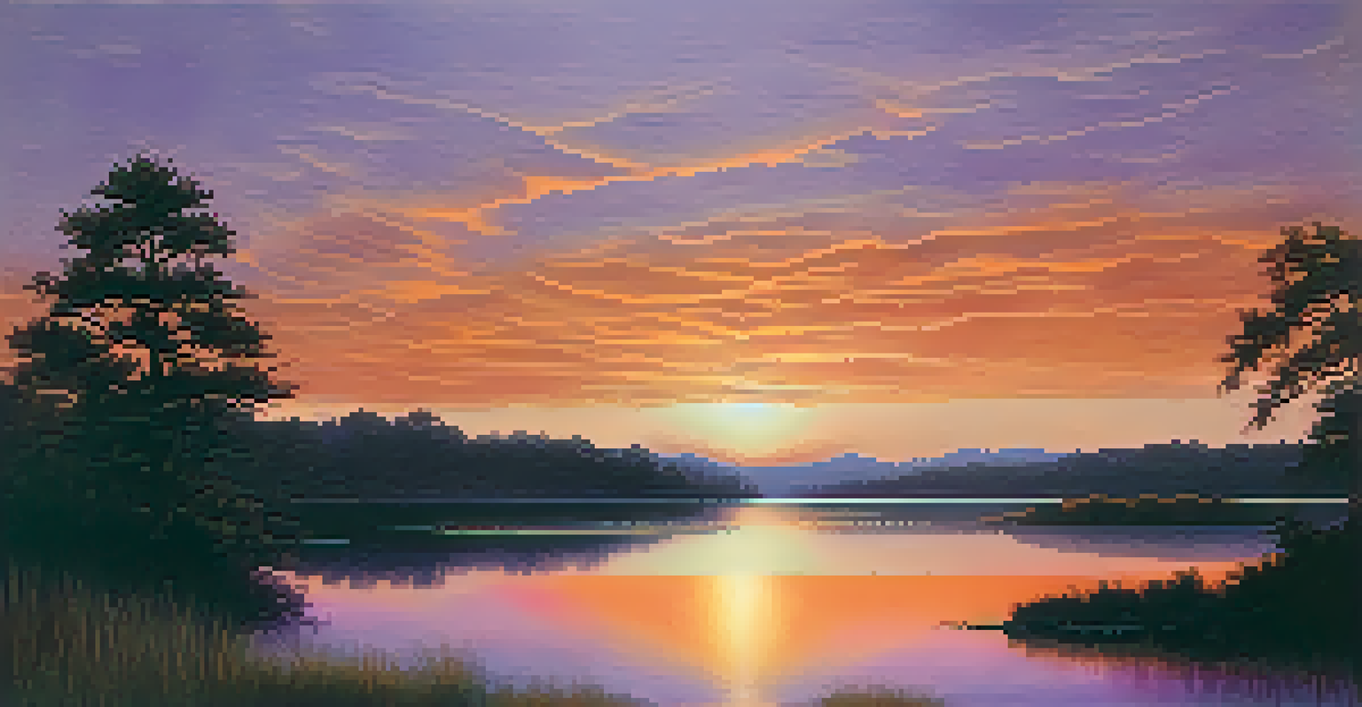 A landscape painting of a sunset with orange and purple hues reflected in a calm lake, framed by silhouettes of trees.