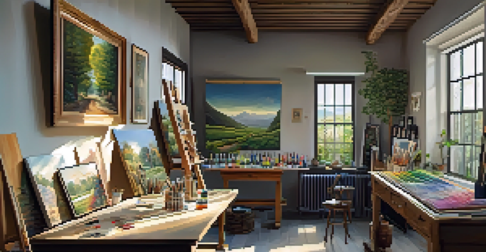 An artist's studio with a large canvas, art supplies, and colorful artworks on the walls.