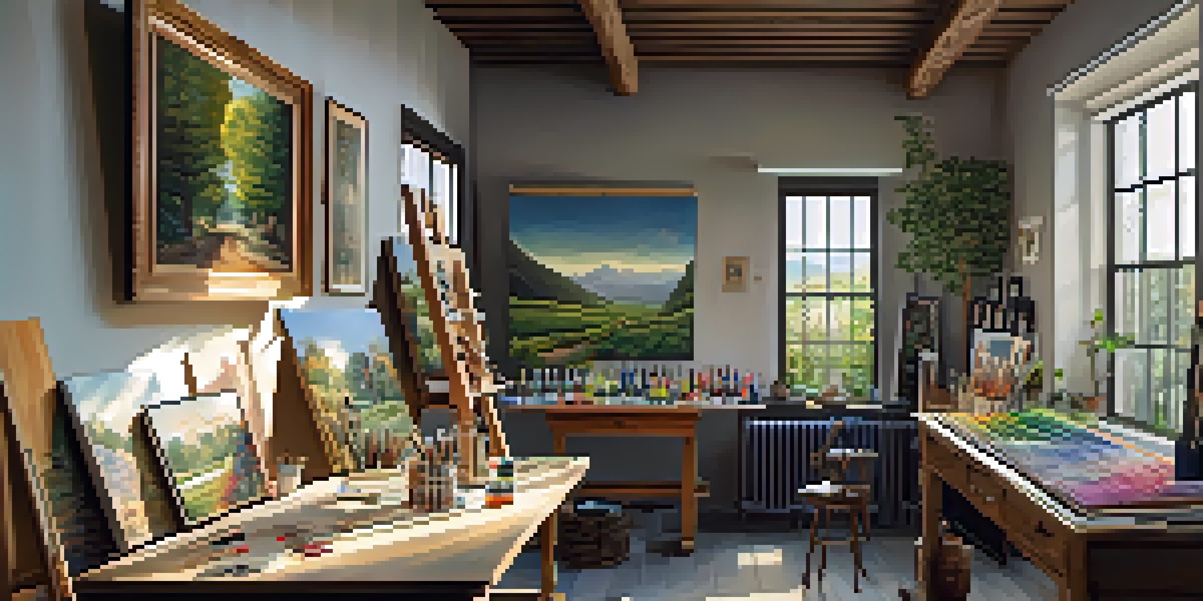 An artist's studio with a large canvas, art supplies, and colorful artworks on the walls.