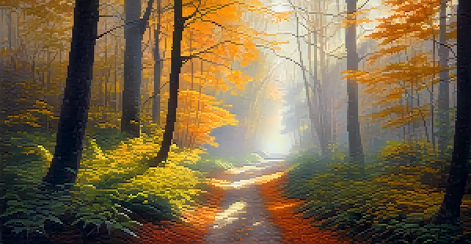 A peaceful forest landscape with warm morning light illuminating the trees and a misty path leading into the woods.