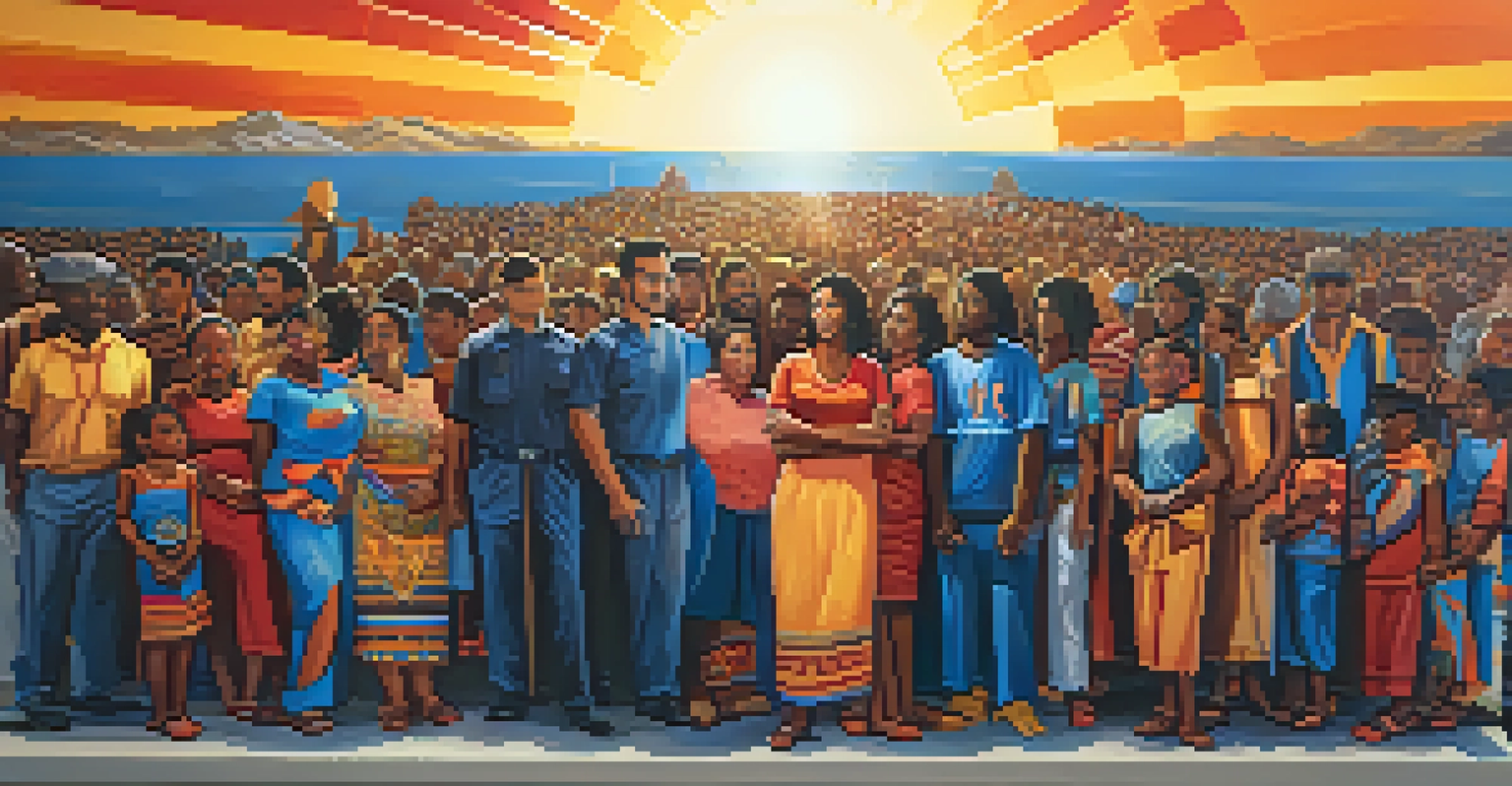 A symbolic mural of diverse people united for social justice, with a colorful sunset in the background.