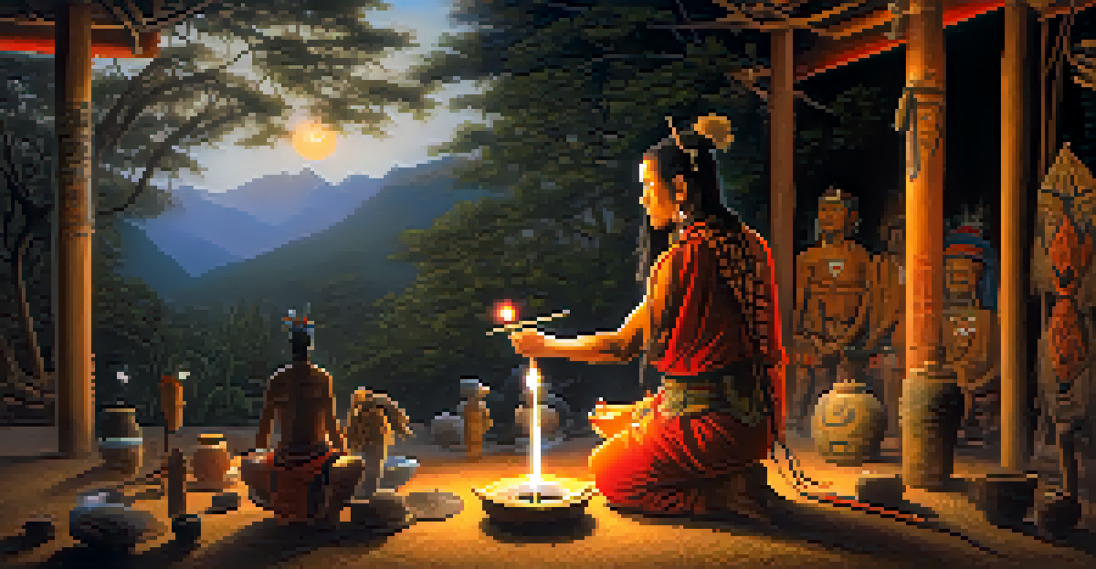 A shaman in a natural setting, adorned with symbolic body paint, performing a healing ritual.