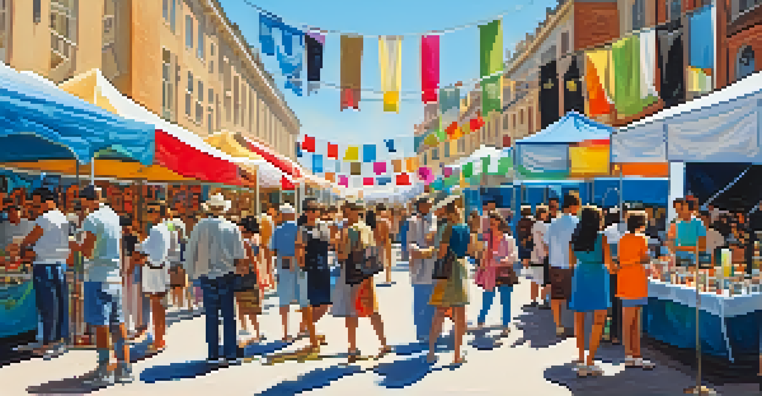 A vibrant outdoor art fair with artists and visitors interacting around colorful art stalls.