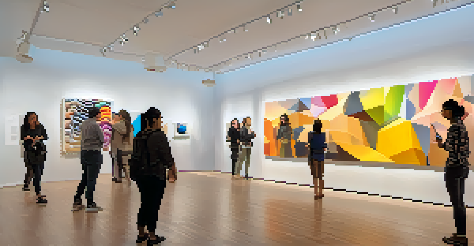 An art gallery displaying interactive 3D-printed paintings, with visitors engaged and dynamic lighting.